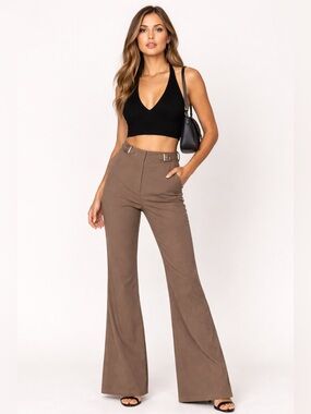 White Fox Boutique Satisfy Me Flare Pants Mocha Tan High Waisted Buckle Sz S